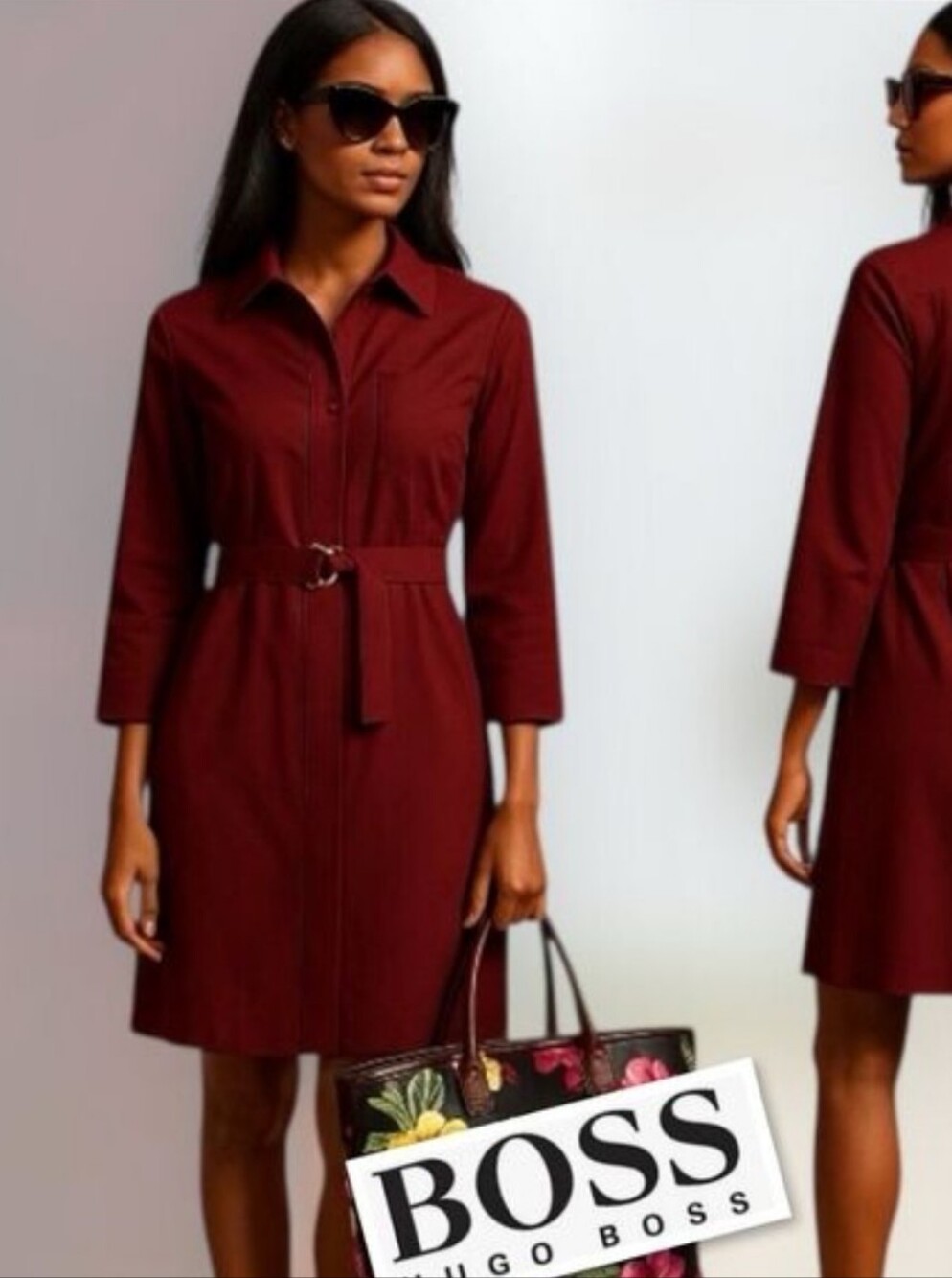 Hugo Boss Poplin Shirt Dress Sz 6 Burgundy 3/4 Sleeve Classic Dashina